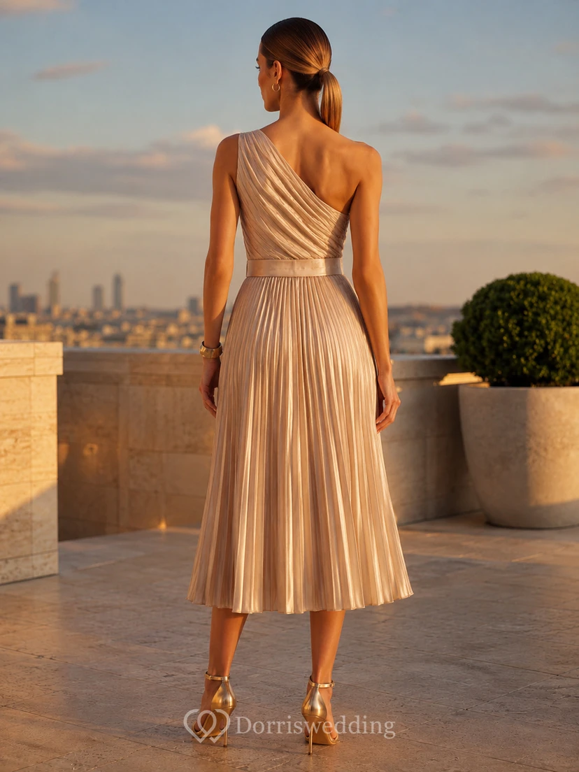 Golden Asymmetry Champagne A-Line Tea-Length One-Shoulder Sleeveless Chiffon Elegant Cocktail Dress view 2
