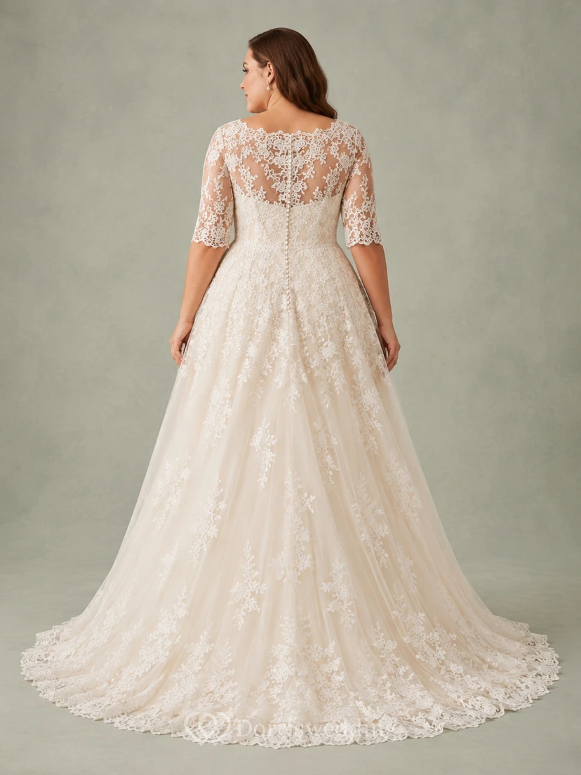 Plus Size V-Neck Lace Sleeve A-Line Bridal Gown view 2