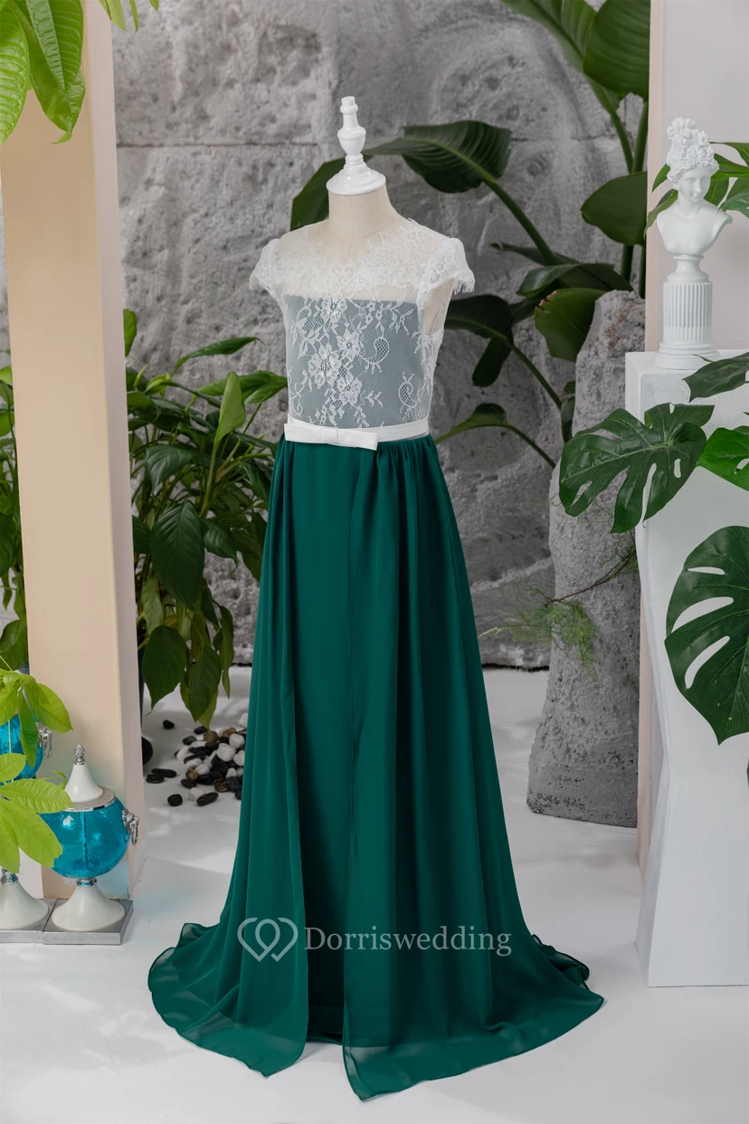 Chiffon White and Dark Green Lace Floor-length Flowergirl Dress view 6