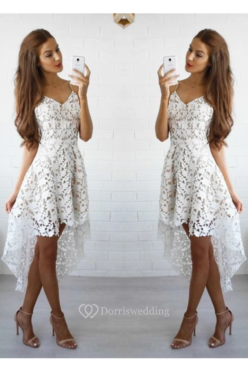 Robe de bal trapèze sans manches en dentelle à fines bretelles asymétrique