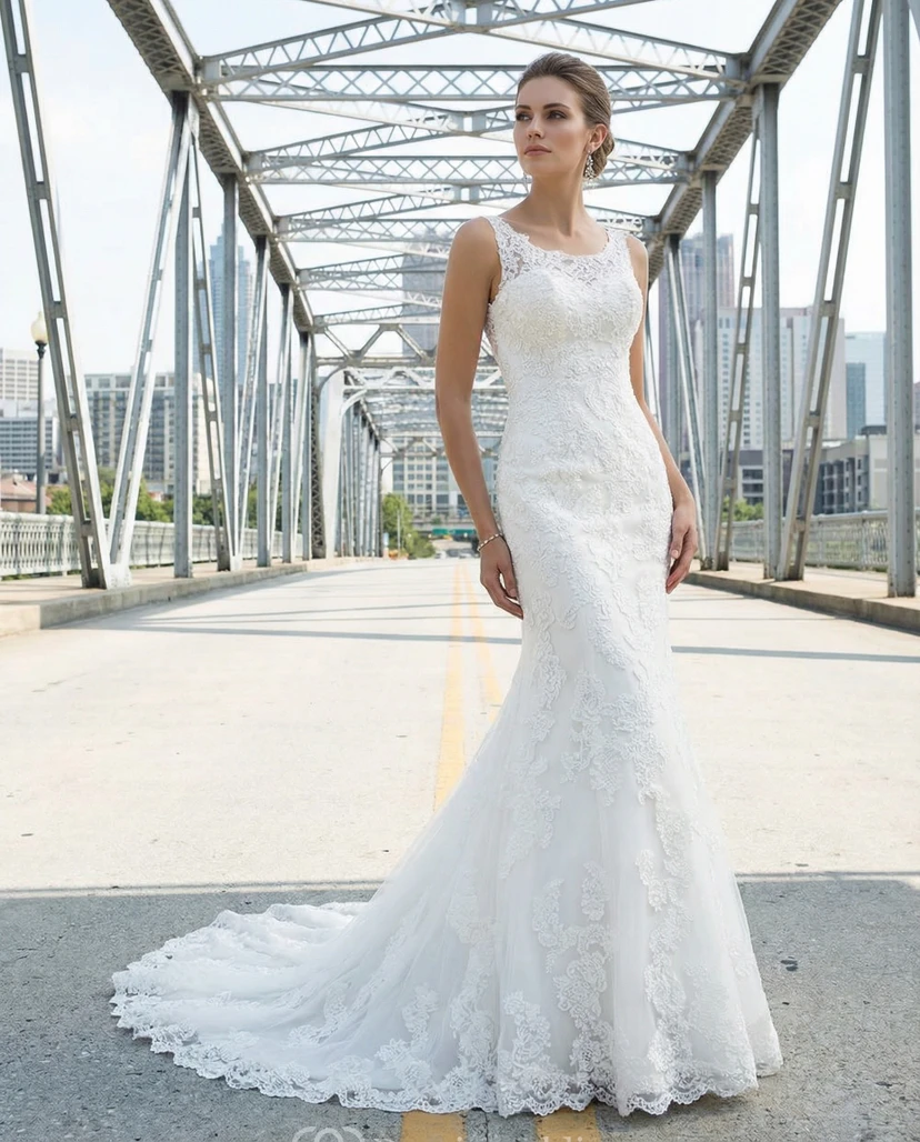 Robe de mariée sirène en dentelle avec manches illusion