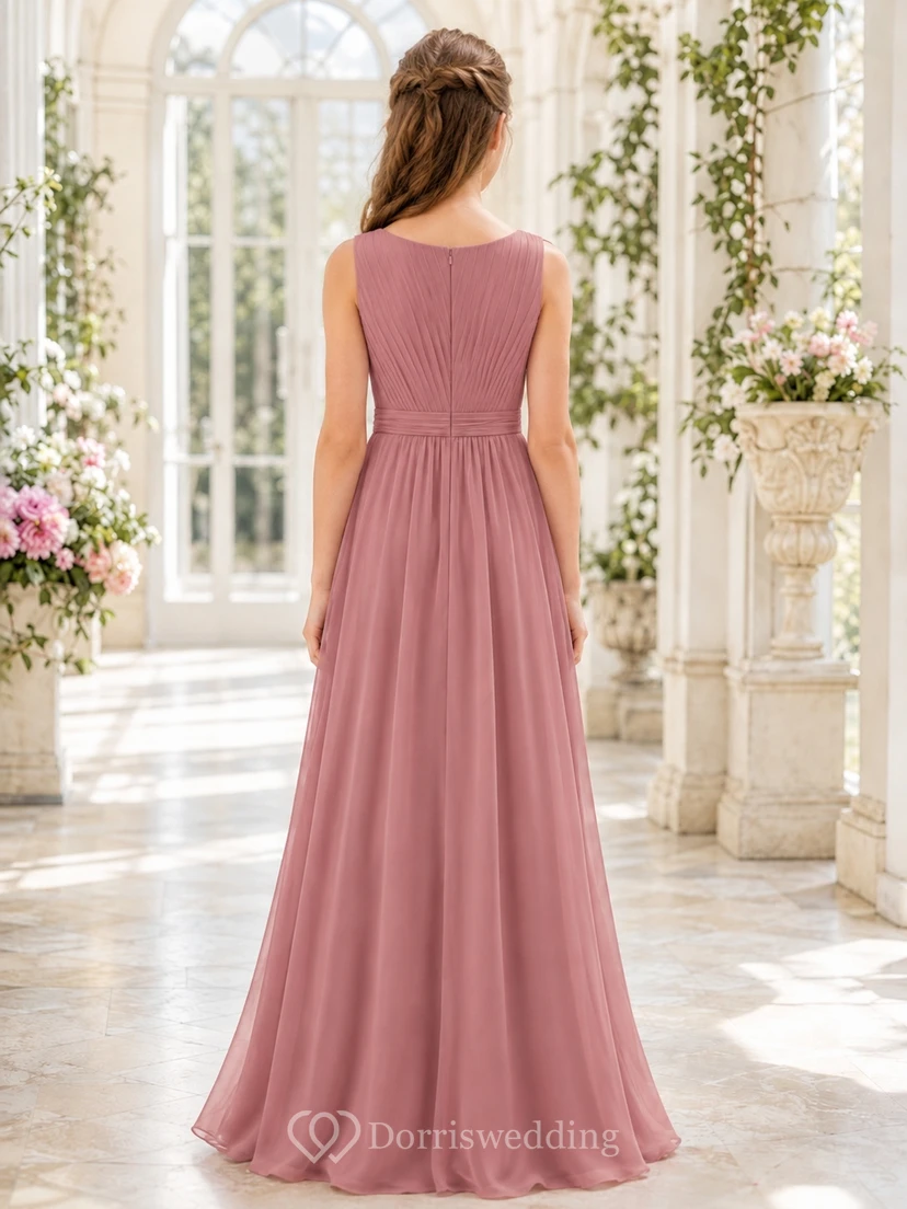 Romantisches, ärmelloses, bodenlanges A-Linien-Brautjungfernkleid in Altrosa aus Chiffon mit Schmucksteinen view 2