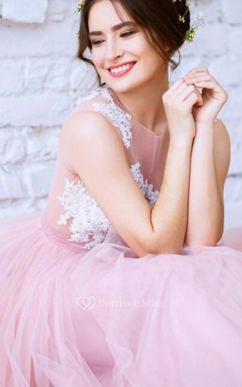 Tulle Floor-length A Line Sleeveless Casual Evening Dress with Lace and Pleats view 3