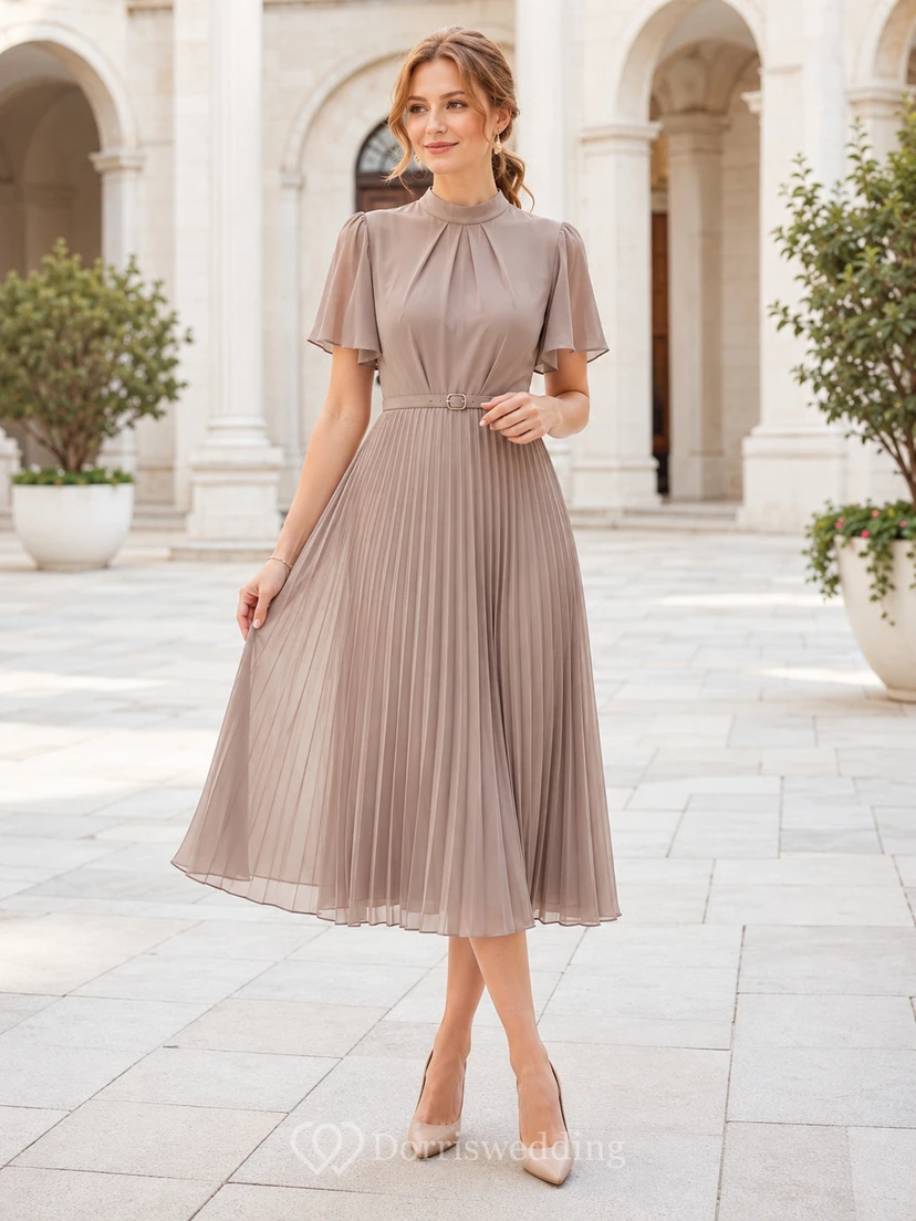 Taupe Pleated High Neck Short Sleeve Ceremony Midi Dress