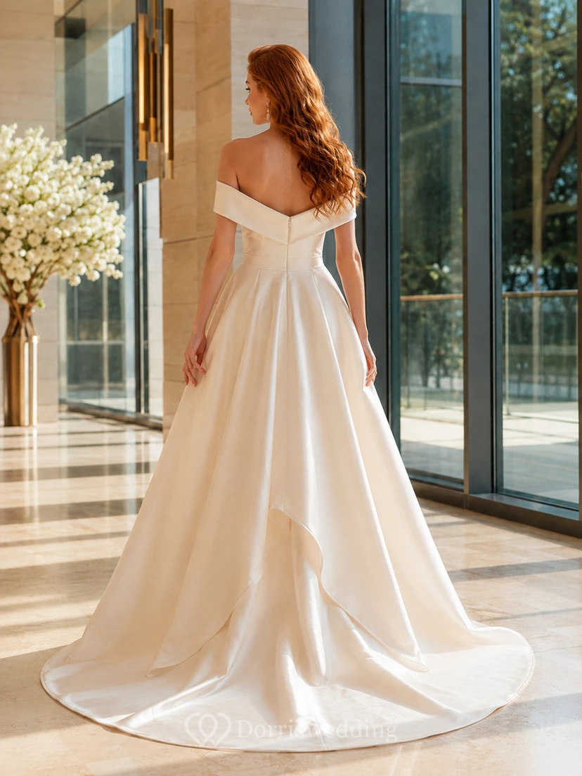 Off Shoulder Satin High Low City Venue Wedding Dress view 2
