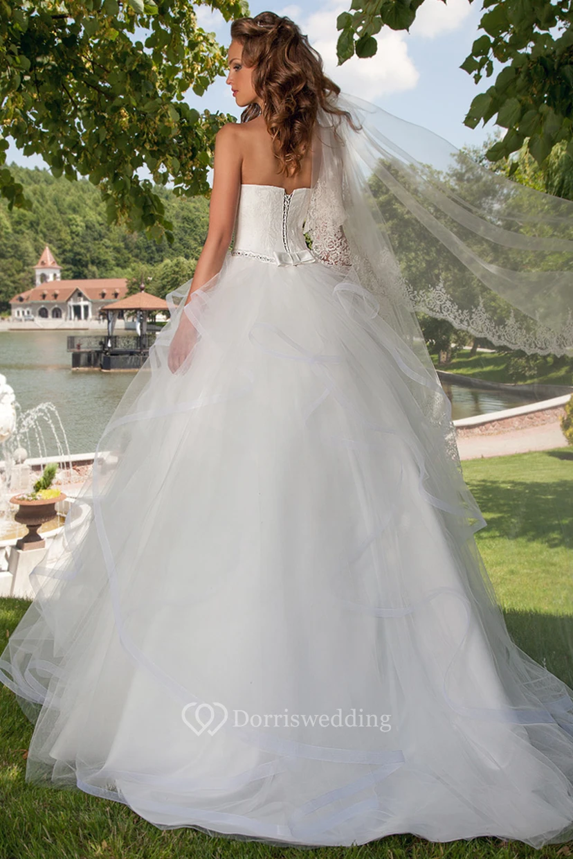 Long Strapless Appliqued Draped Tulle Wedding Dress view 2