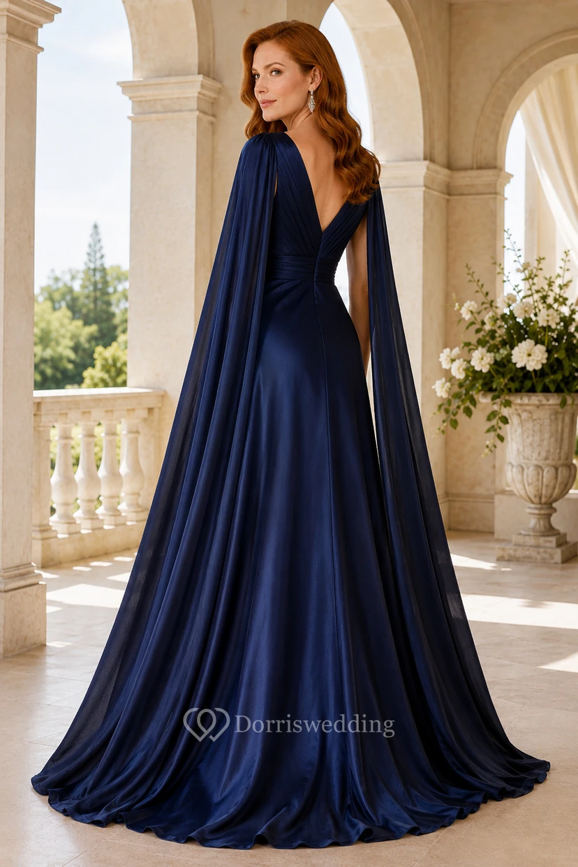 Evening Gown Dark Navy Satin Chiffon A-Line V-Neck Sleeveless Sweep Train view 2