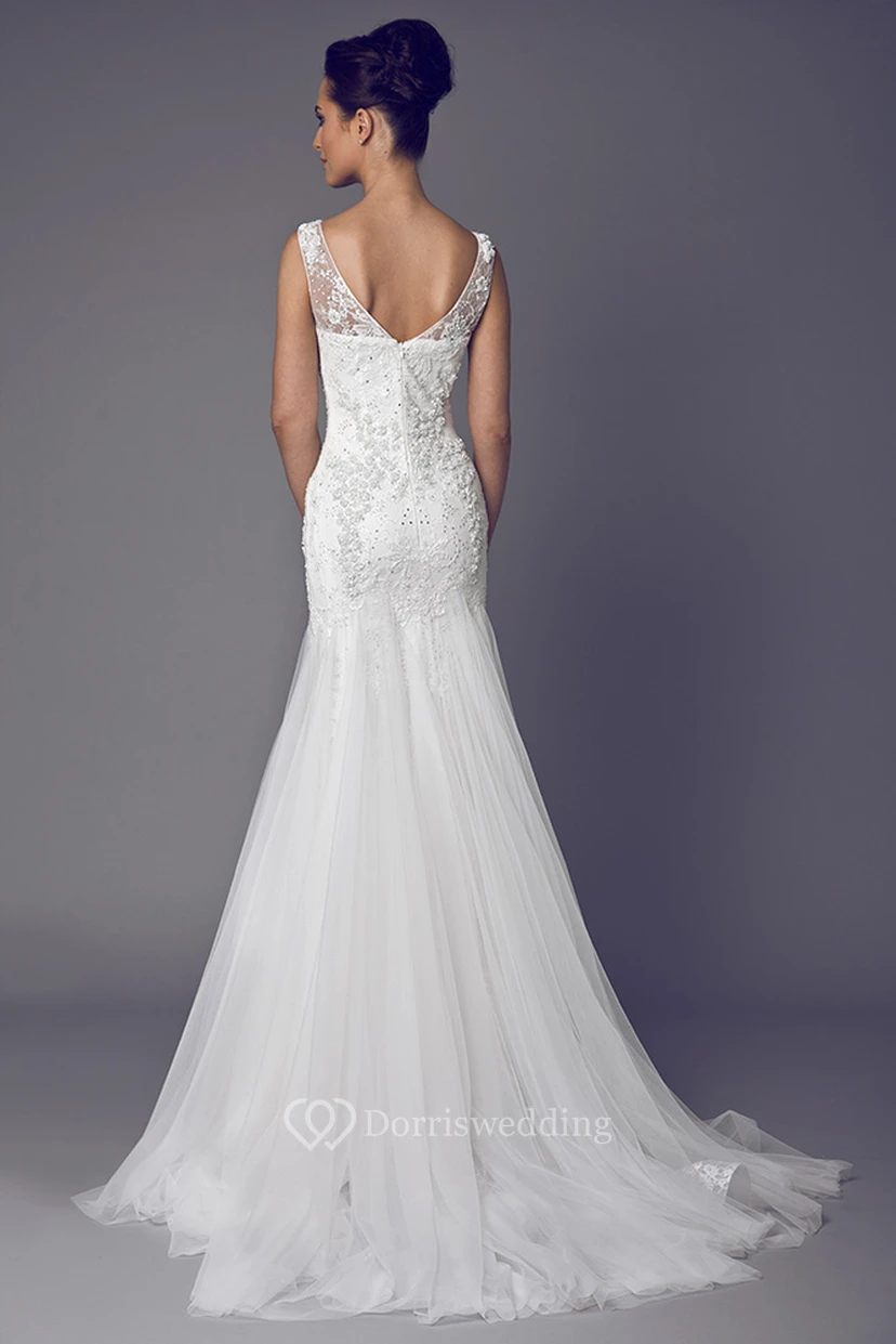 Bateau Floor-Length Appliqued Tulle Wedding Dress With Brush Train And V Back view 2