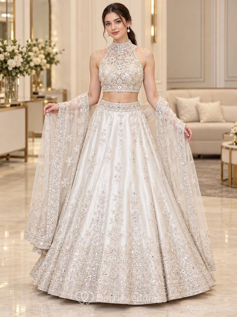 Lehenga deux pièces ivoire à col montant dos nu et sequins, pour une soirée formelle