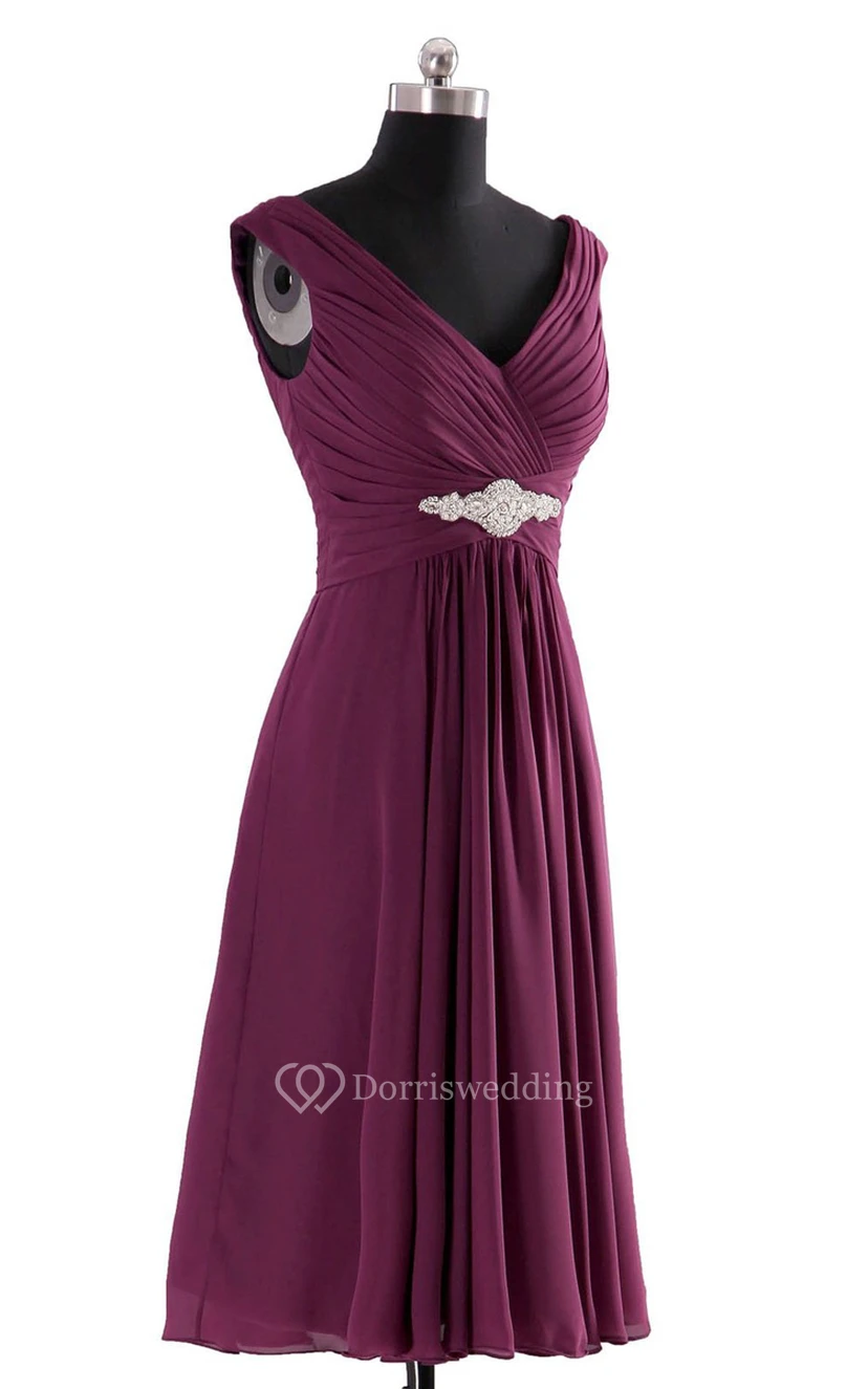 V-neckline Pleated Basque Waist Dress With Crystal view 4