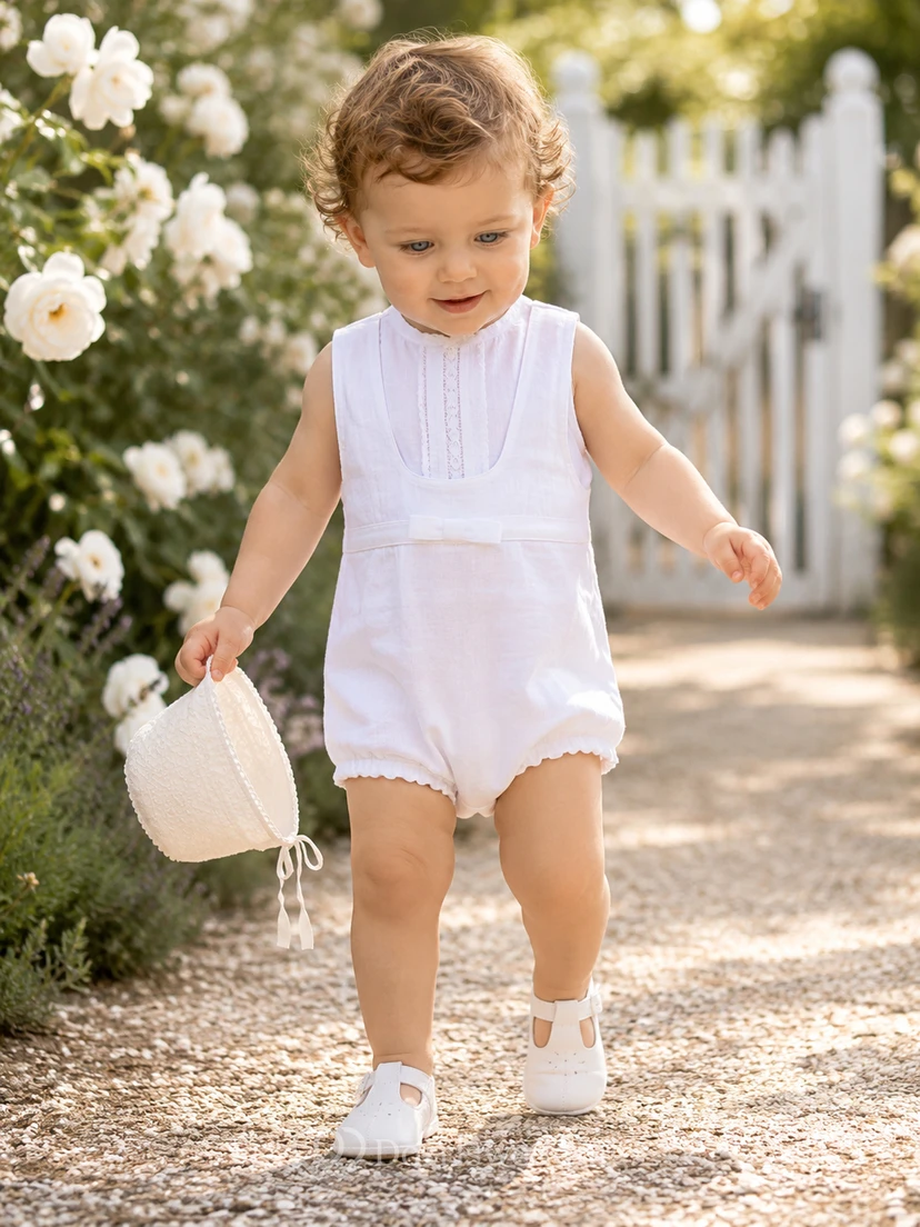 Simple White Sleeveless Pintuck Linen Baby Baptism Shortall Romper