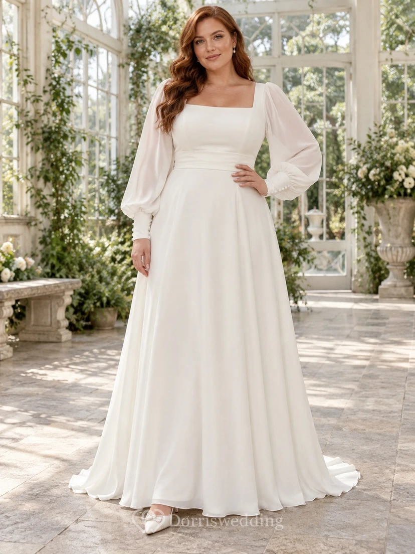 Vestido de novia de corte A, modesto, con escote cuadrado, manga larga, mangas transparentes y espalda abotonada.
