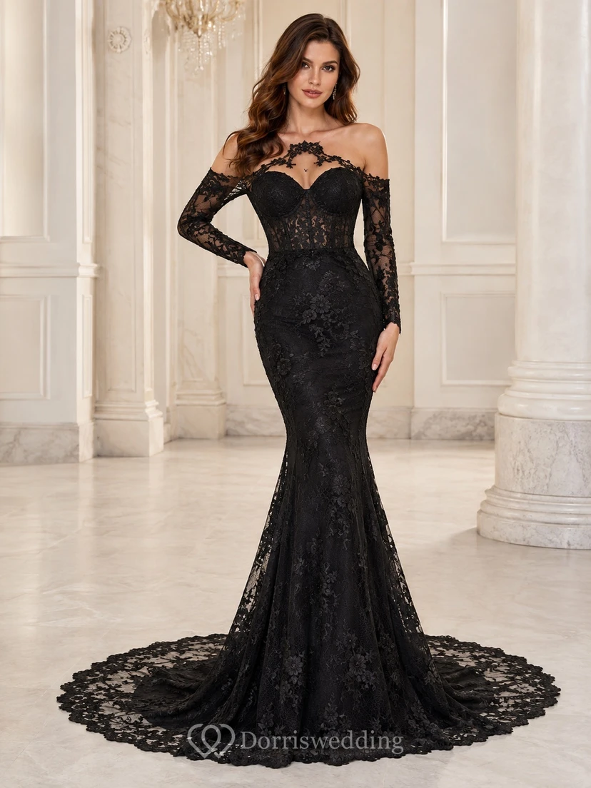 Black Off-the-shoulder Long Sleeve Lace Mermaid Cathedral Train Formal Gown