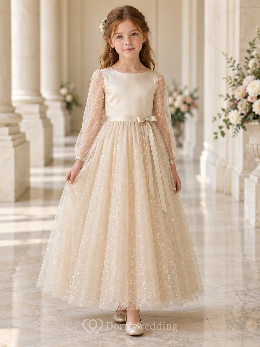 Long-Sleeve Champagne A-line Tulle Ankle-length Sparkling Satin-bodice Side-bow Flower Girl Dress