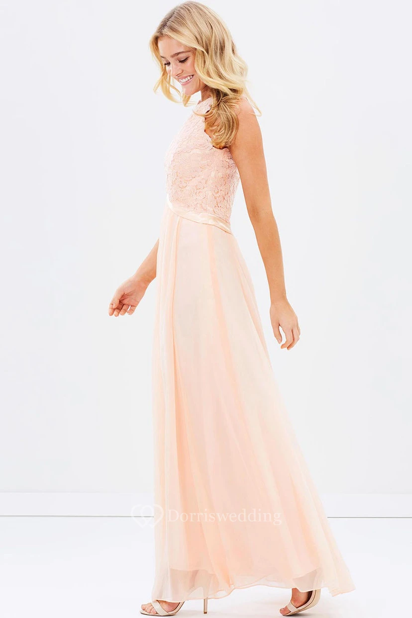 Ärmelloses, appliziertes Brautjungfernkleid aus Chiffon in Rosé mit Rundhalsausschnitt und Schleife view 3