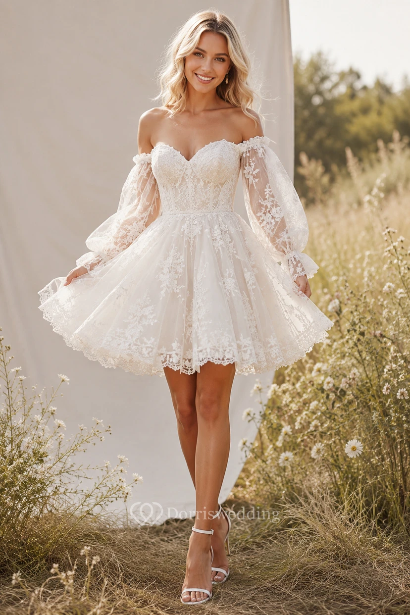 Robe de mariée courte en dentelle à épaules dénudées et manches bouffantes