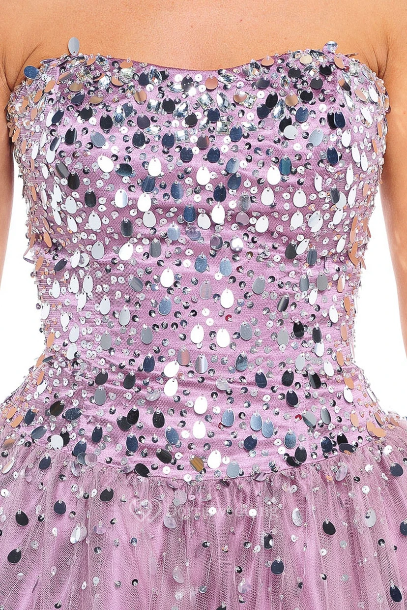 Ball Gown Strapless Sequined Tulle Prom Dress With Beading And Bow view 4
