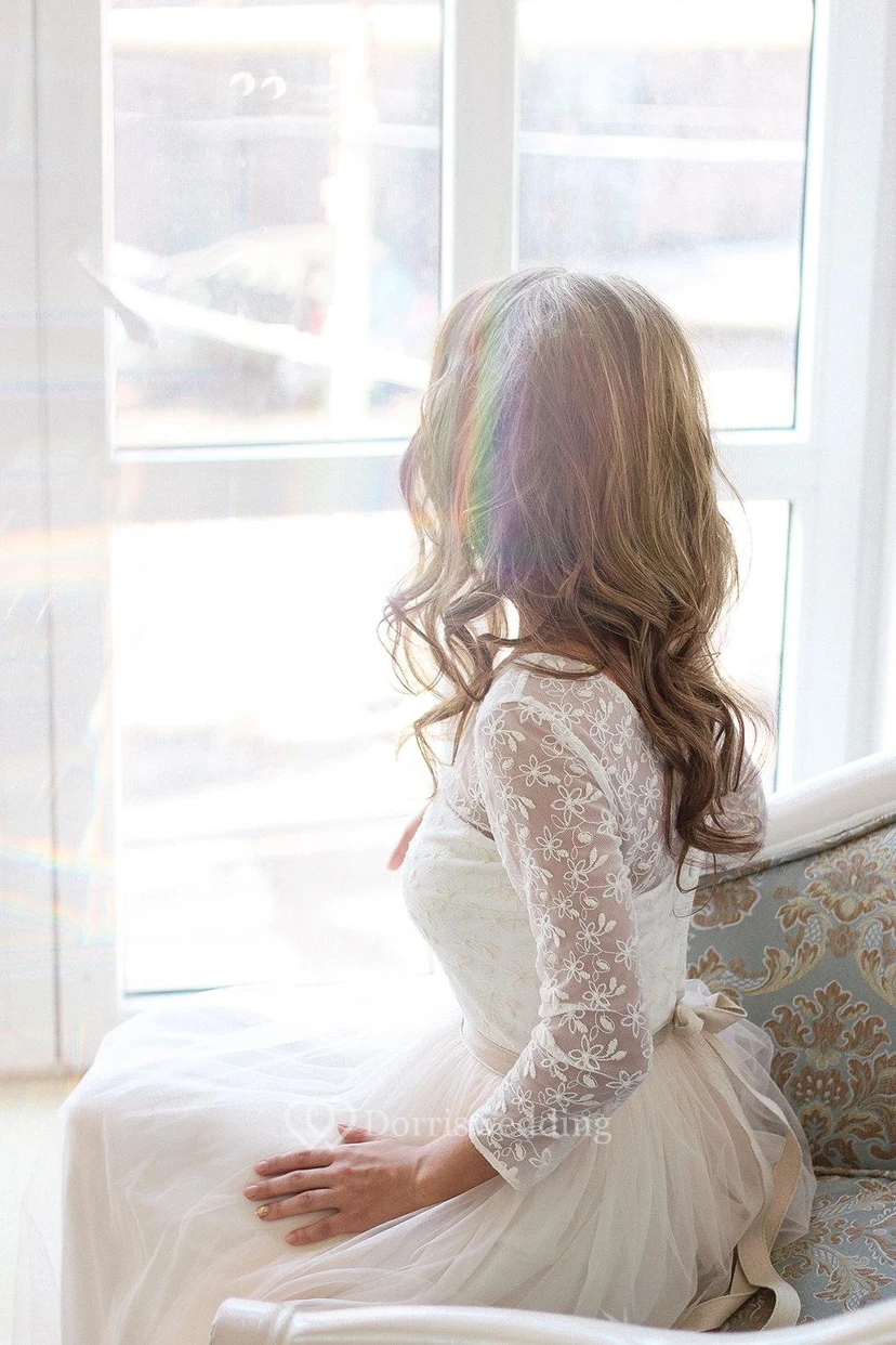 Scoop Neck Long Sleeve Tulle Wedding Dress With Lace Bodice view 5