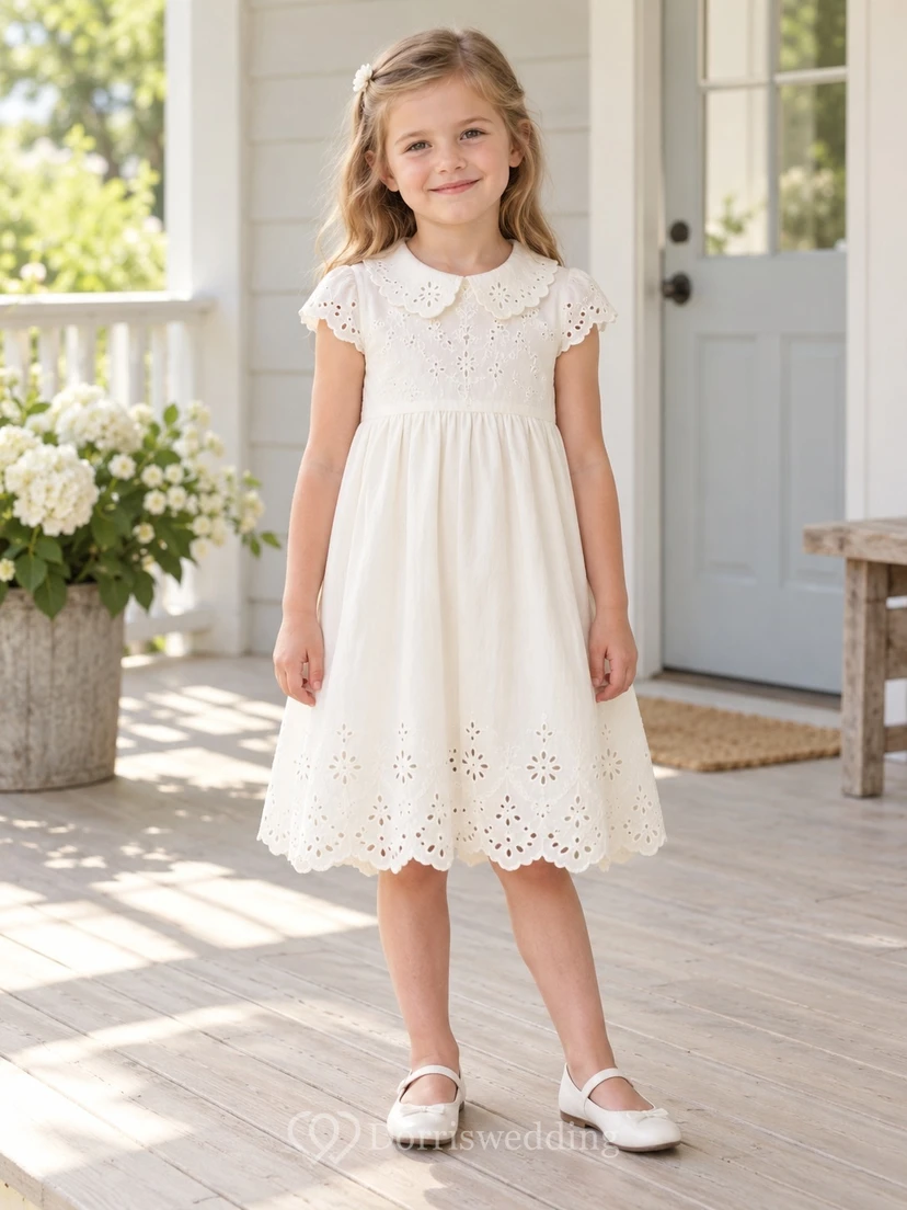 Vintage Ivory Knee Length Collared Cap Sleeve Cutwork Cotton Flower Girl Dress