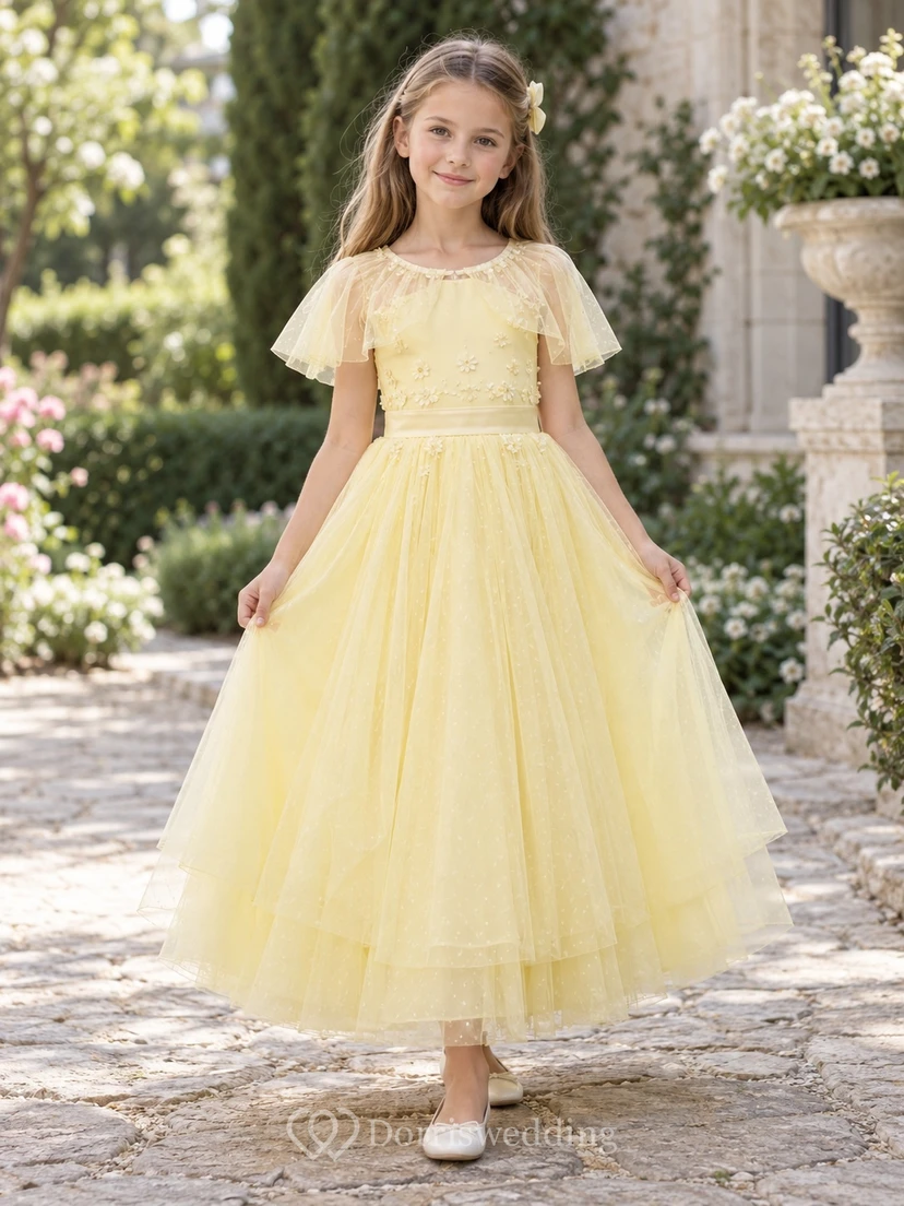 Daffodil Floral Dotted Capelet Ankle-length A-Line Tiered Tulle Satin Waist Flowergirl Dress