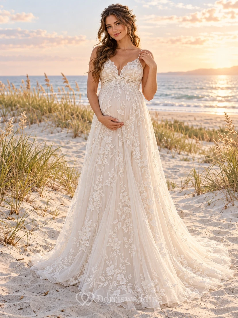 Boho Maternity Spaghetti Strap Sweetheart Floral Tulle Wedding Dress