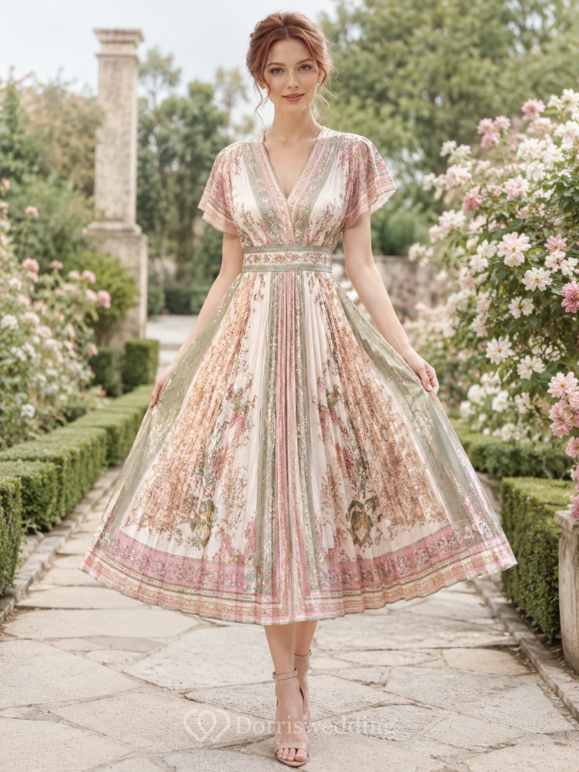 Vestido midi plisado con escote en V y estampado de bufanda color rosa empolvado para ocasiones especiales.