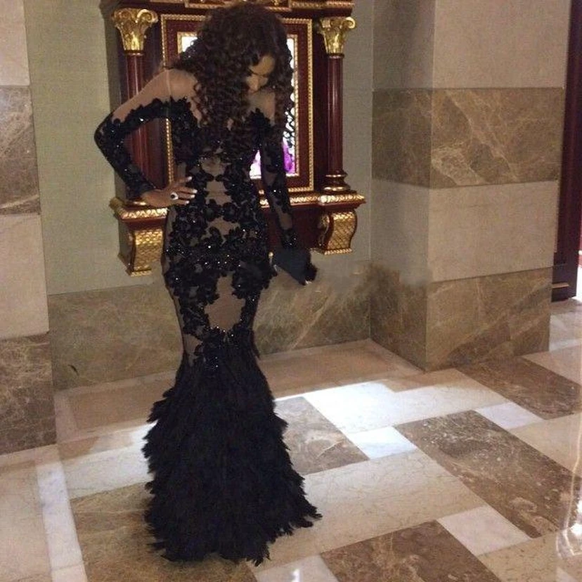 Sexy Black Mermaid Prom Dresses Long Sleeve Tulle Appliques view 2