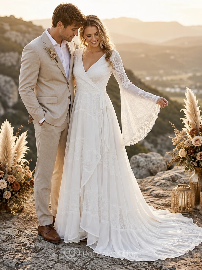 Long Bell Sleeve Lace A-Line Wedding Dress with Ruffle Drape view 4