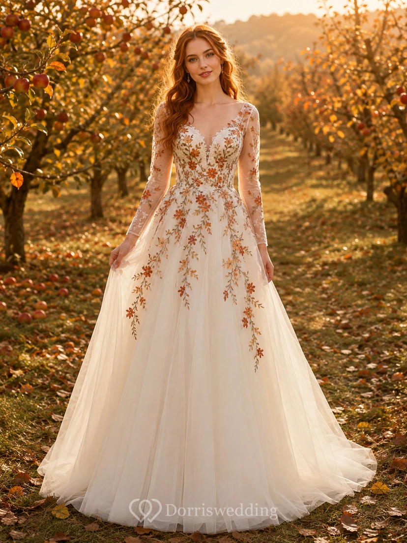Autumn Burnt Orange Floral Embroidered A-Line Wedding Dress