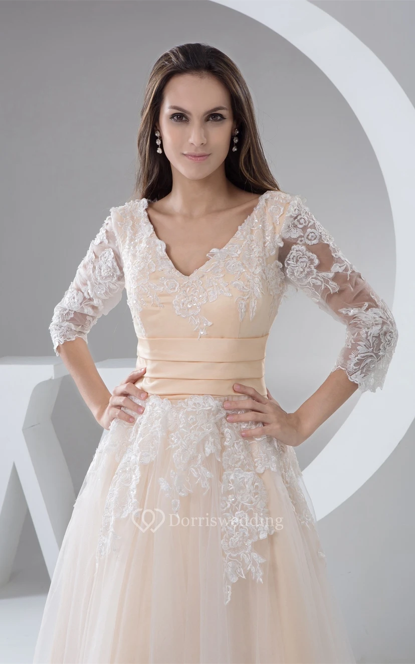 Deep-V-Neck Half-Sleeve Ankle-Length Lace Dress With Pleats view 4