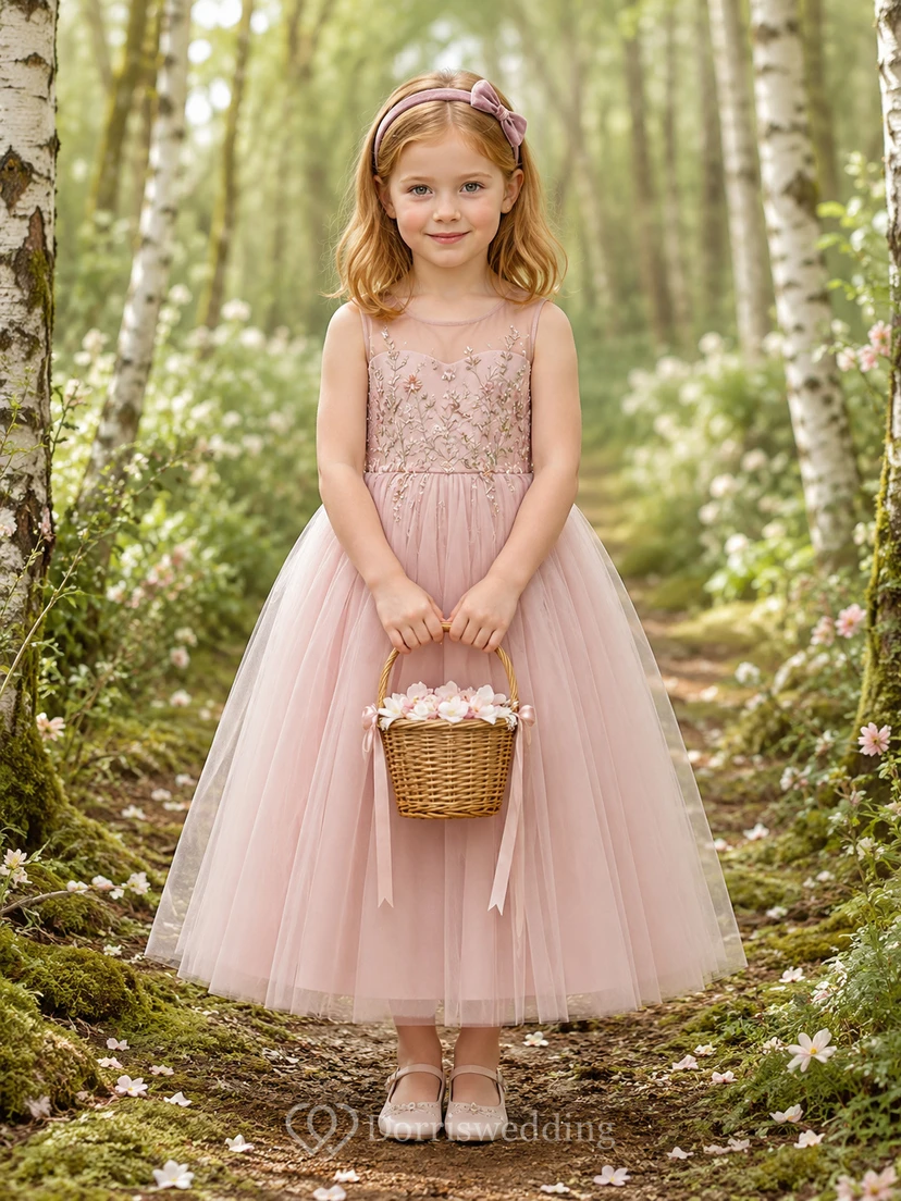 A-Line Flowergirl Pink Lace Tulle Tea-Length Cap Sleeve Forest Wedding Dress