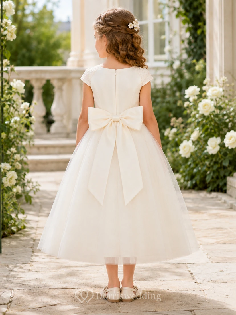 Klassisches A-Linien-Kleid aus Tüll für Blumenmädchen mit Rundhalsausschnitt, wadenlangem Rock und Schleifendetail view 2
