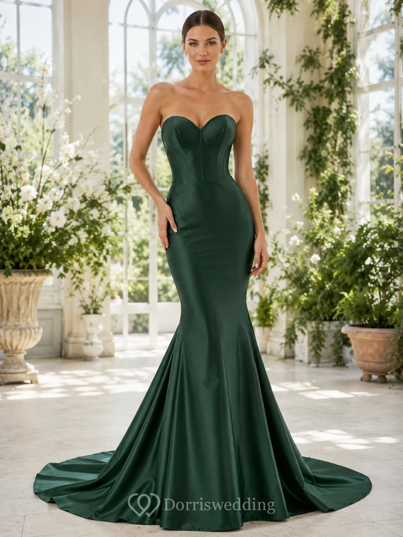Modern Dark Green Strapless Sweetheart Satin Mermaid Sweep Train Wedding Gown