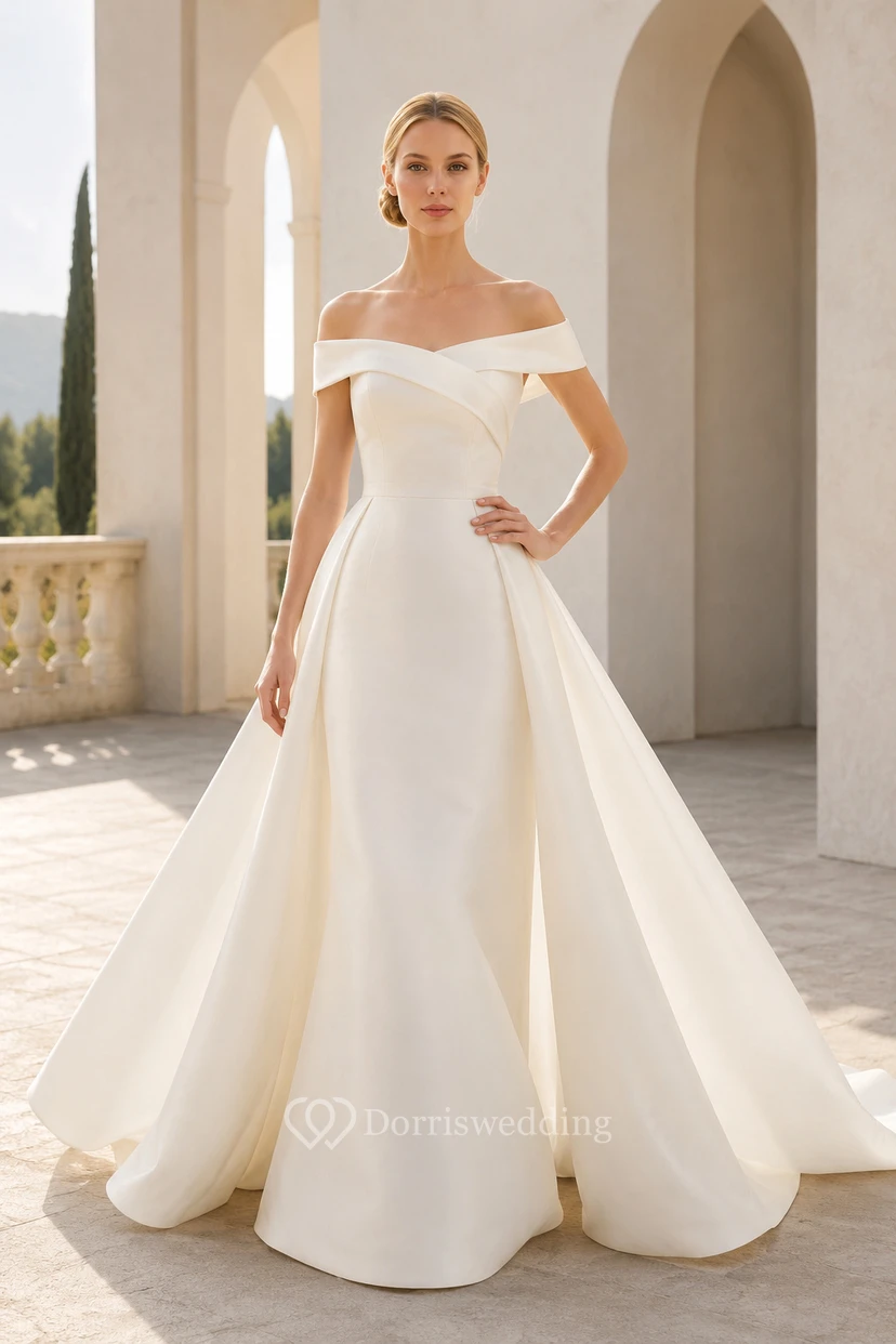 Robe de mariée trapèze en satin à épaules dénudées et traîne courte