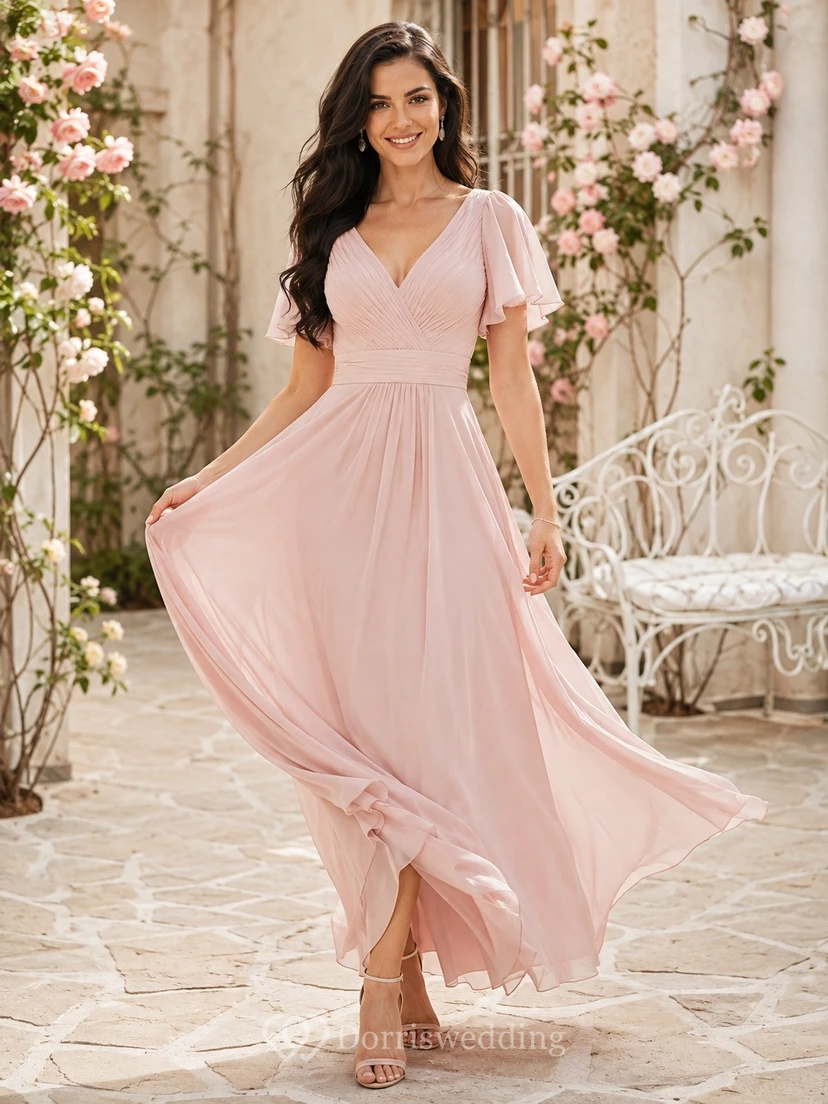 Romantic Short Sleeve V Neck Chiffon Floor Length A-Line Engagement Dress