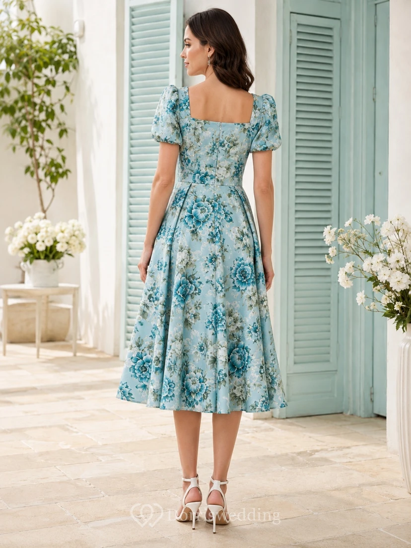 Sky Blue Floral Square Neck Puff Sleeve Satin A-Line Tea-Length Dress view 2