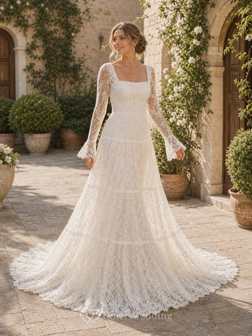 Vintage Boho Lace Wedding Dress with Square Neckline, Long Sleeves & Tiered A-Line Skirt view 5