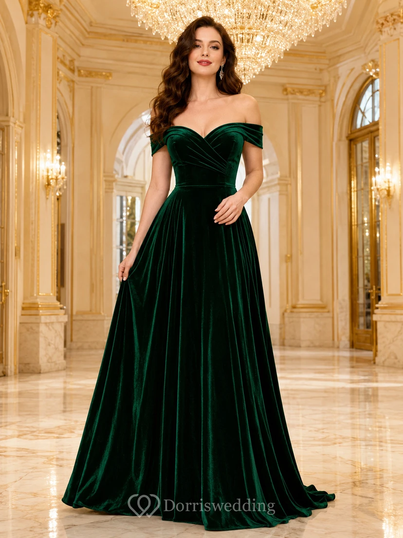 Emerald velvet off shoulder A-line musical theater gown