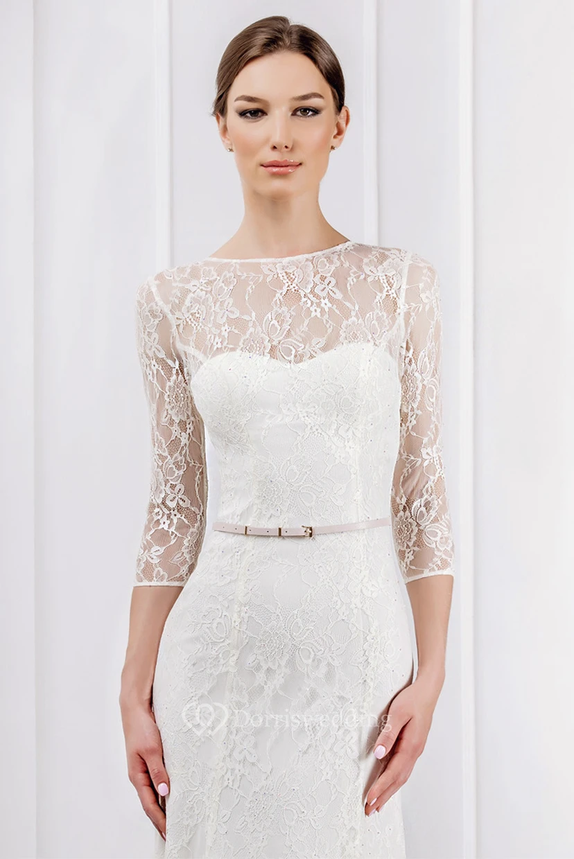 Sheath Ribboned Jewel Neck 3-4 Sleeve Lace Wedding Dress With Brush Train view 3