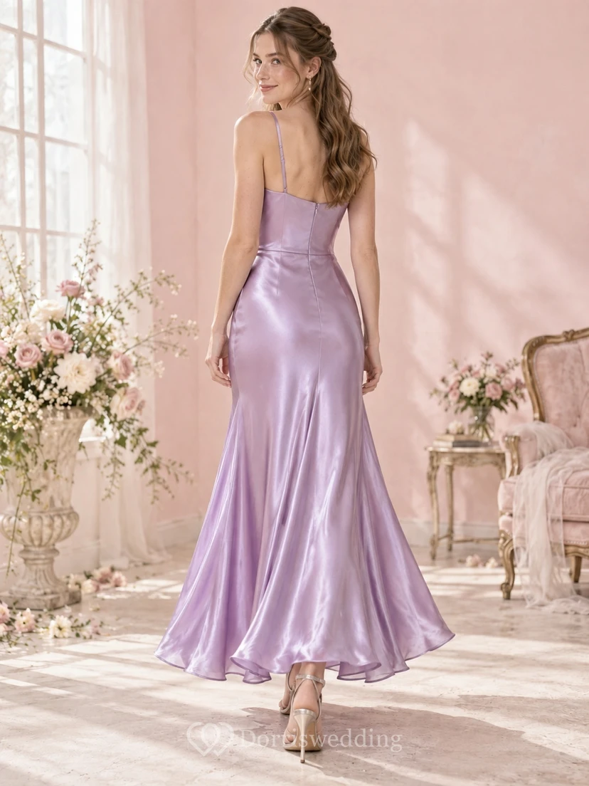Robe de bal vintage sirène lavande à col bénitier et fines bretelles en satin view 2