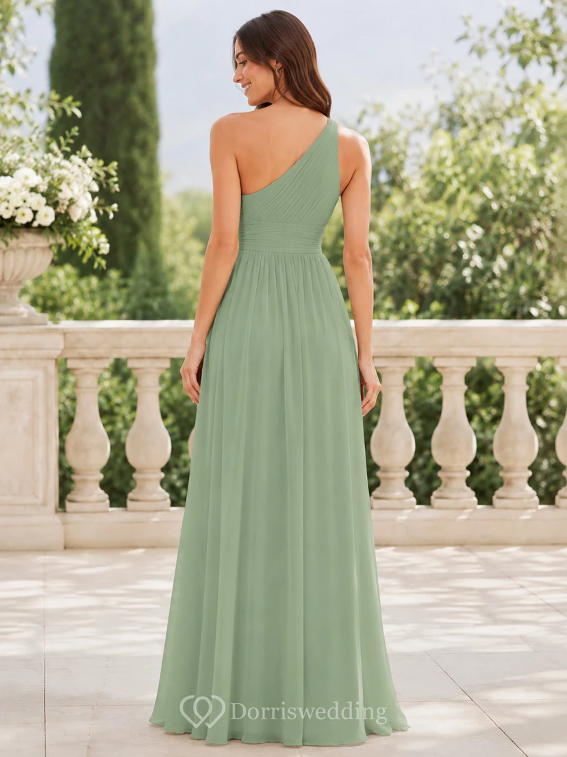Sage one shoulder pleated chiffon floor length gown slit view 2