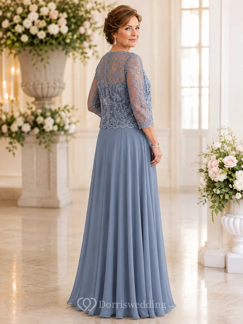 A-Line Bateau 3/4 Length Sleeve Chiffon Mother Dress with Lace view 2