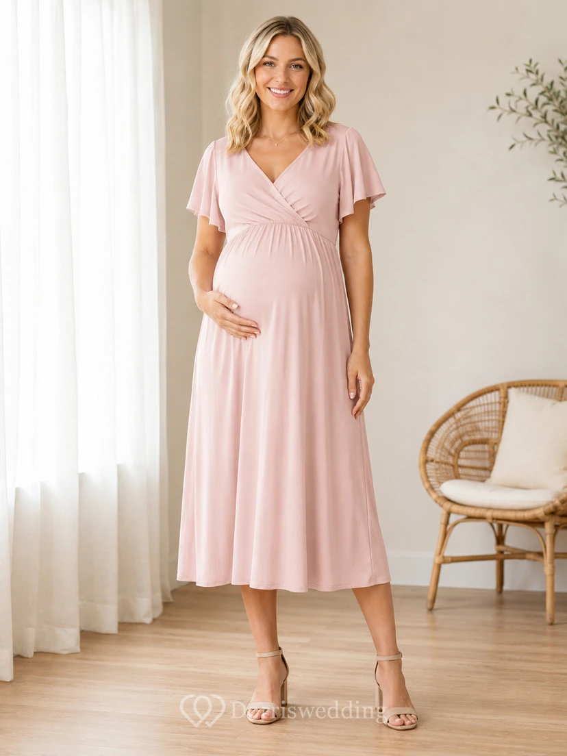 Robe de maternité rose poudré à prix abordable, col en V, manches papillon, coupe empire, en jersey, longueur thé