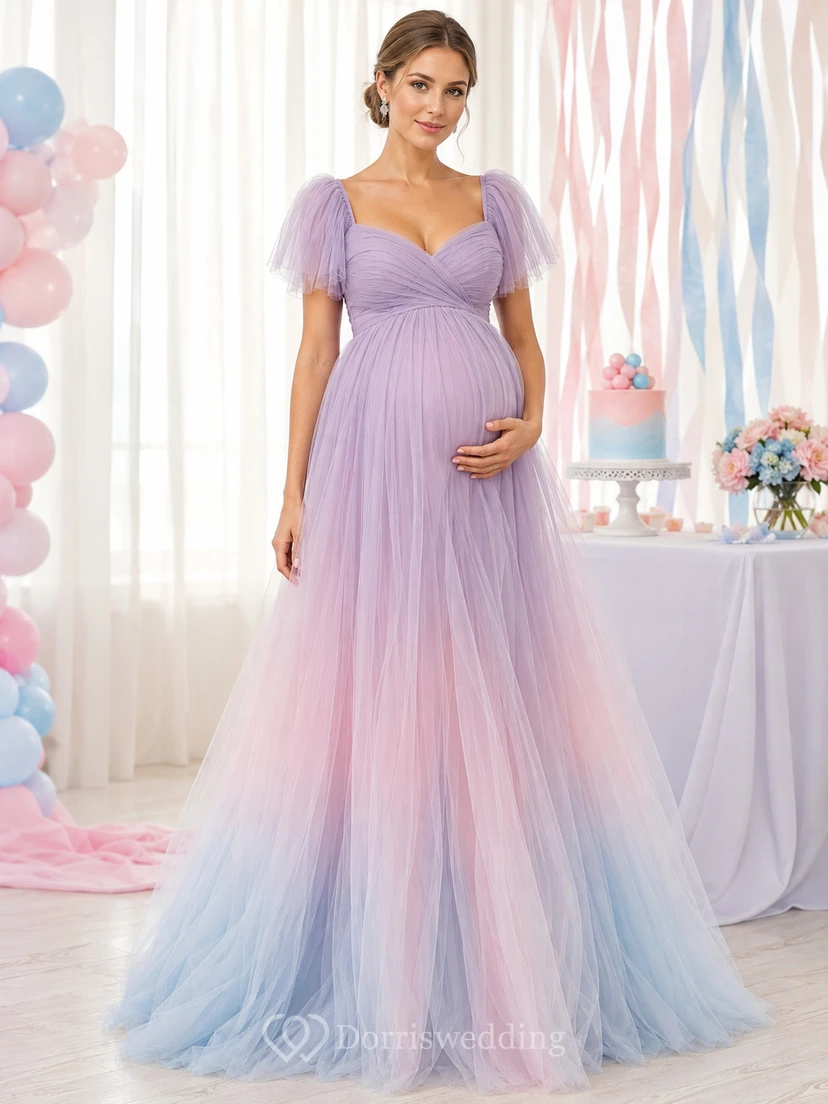 Robe de grossesse longue en tulle dégradé rose lavande et bleu, décolleté cœur, pour révélation du sexe du bébé