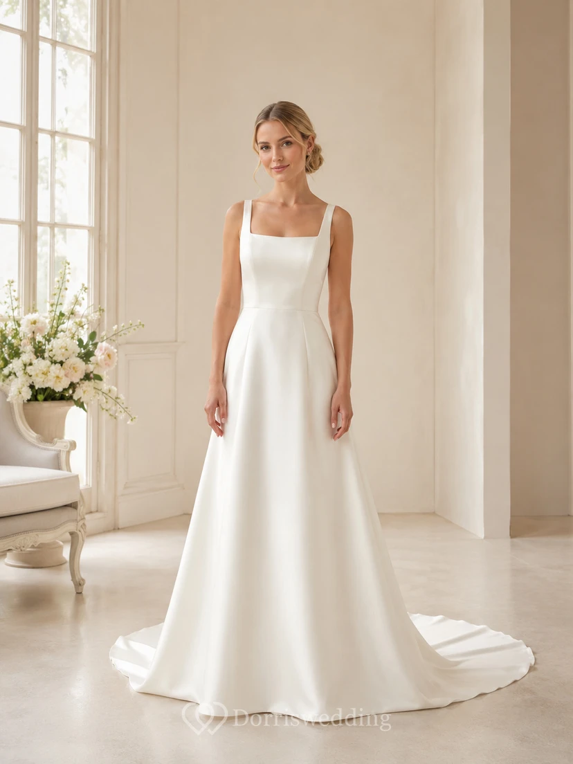 Robe de mariée minimaliste en satin, coupe trapèze, col carré, sans manches, traîne.