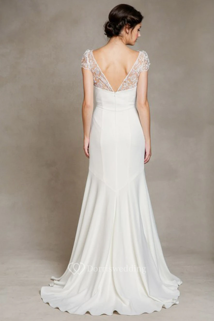 Sheath Scoop-Neck Floor-Length Cap-Sleeve Satin Wedding Dress view 4
