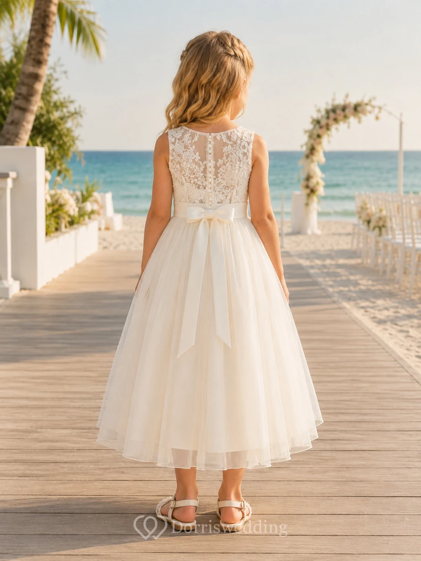 Flower Girl Dress Ivory Lace Tulle A-Line Short Sleeve Scoop Neck Tea Length Bow Back view 2