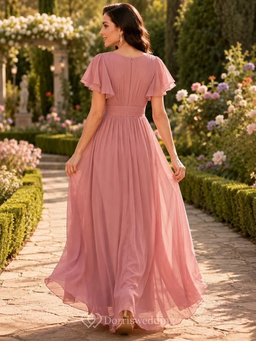 Vestido elegante de fiesta largo hasta el suelo, de gasa, corte en A, con escote en V y mangas con volantes, color rosa empolvado. view 2