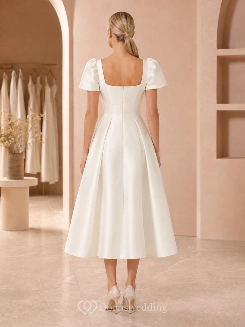White Square Neck Puff Sleeve Satin Pocketed Tea-Length A-Line Dress view 2