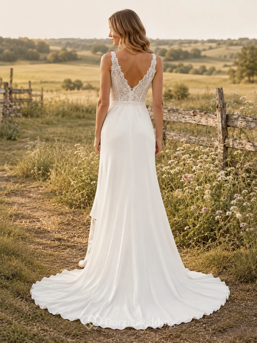 Robe de mariée de maternité à épaules dénudées et manches cloche, coupe trapèze simple, style jardin view 2